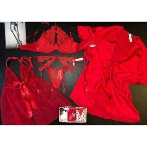 Victoria's Secret 34C,34D,34DD BRA SET+garter+BABYDOLL+ROBE RED embroider HEART